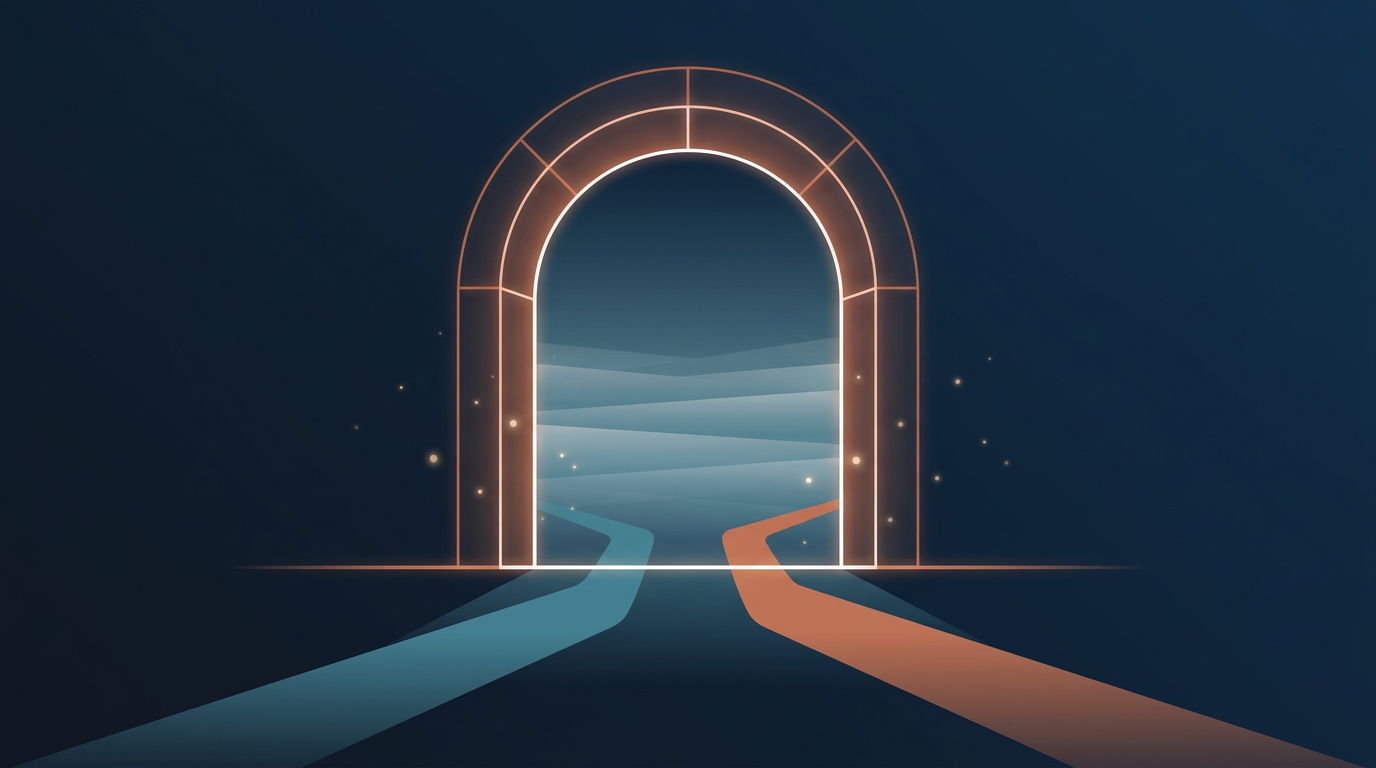 Luminous architectural gateway representing early access to the Civium platform.