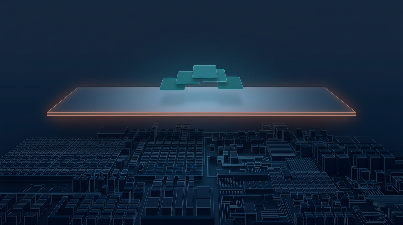 Dense enterprise complexity below, a clean luminous Civium layer floating above with three simple interface cards — relief through simplification.