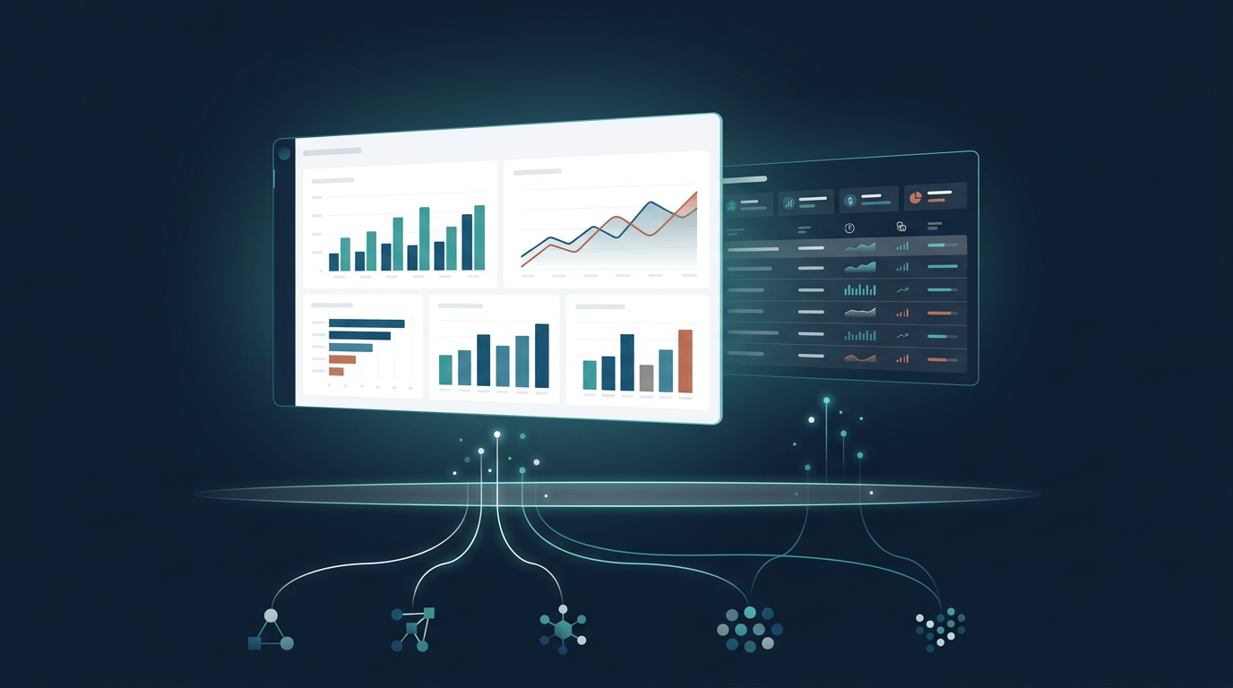 Multiple dashboard views — charts, trends, and tables — each drawing from the same underlying data source.